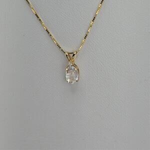 7MM Oval White Topaz, Diamond Pendant Necklace in 14K Polished Yellow Gold 18"